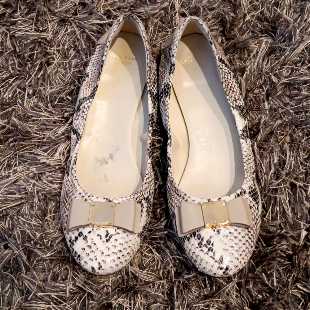 Cole Haan Cream and Black Snakeskin-Print Bow Ballet Flats